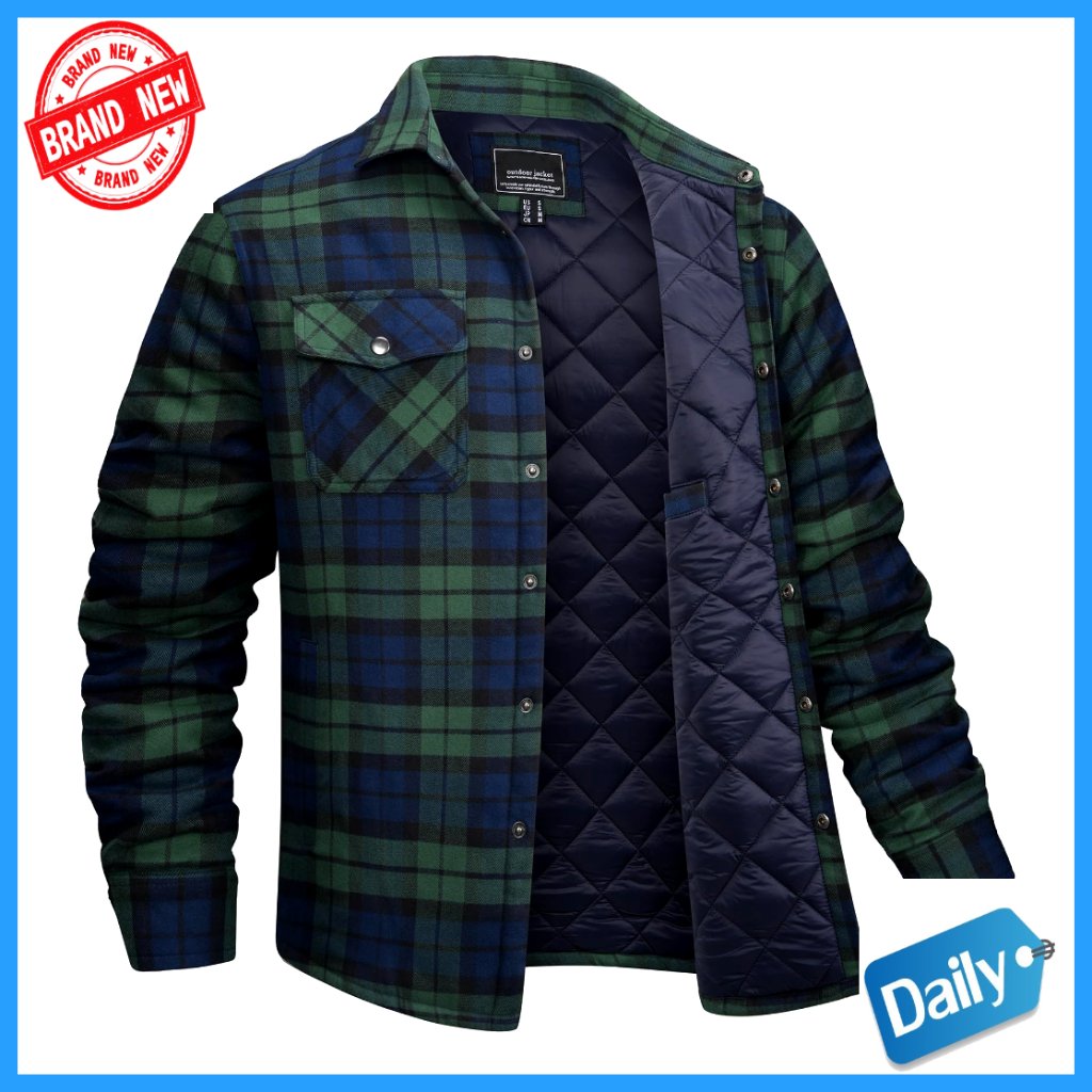 Men's Flannel Shirt Jacket Quilted Lined Plaid Winter Coat Work Utility